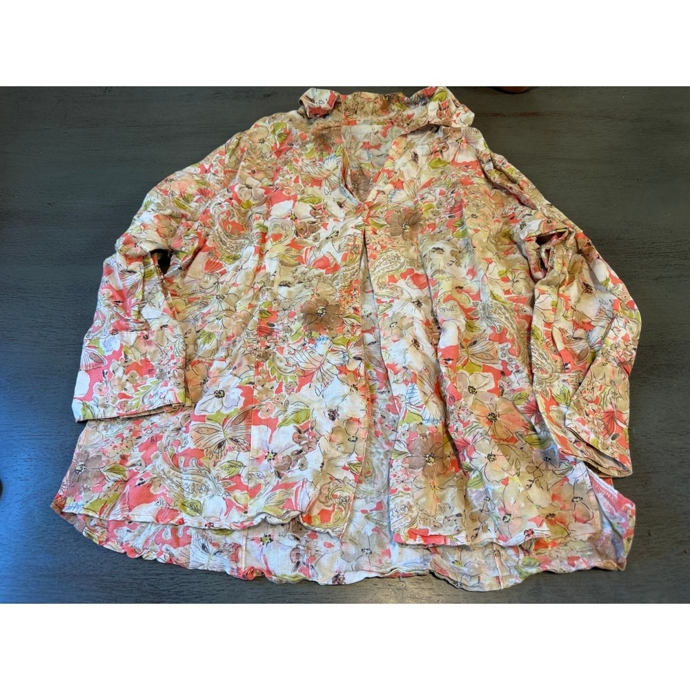 Harve Benard Woman Floral Paisley Linen Cotton Button Up Shirt Plus 1X Coral
